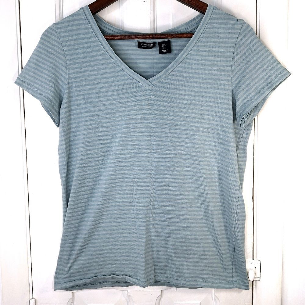 Jones New York Striped Short Sleeve V-Neck Shirt Sz S - Picture 2 of 10